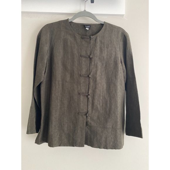 Eileen Fisher Tops - Eileen Fisher Women's Small Green Textured Silk Linen Asian Inspired Collarless